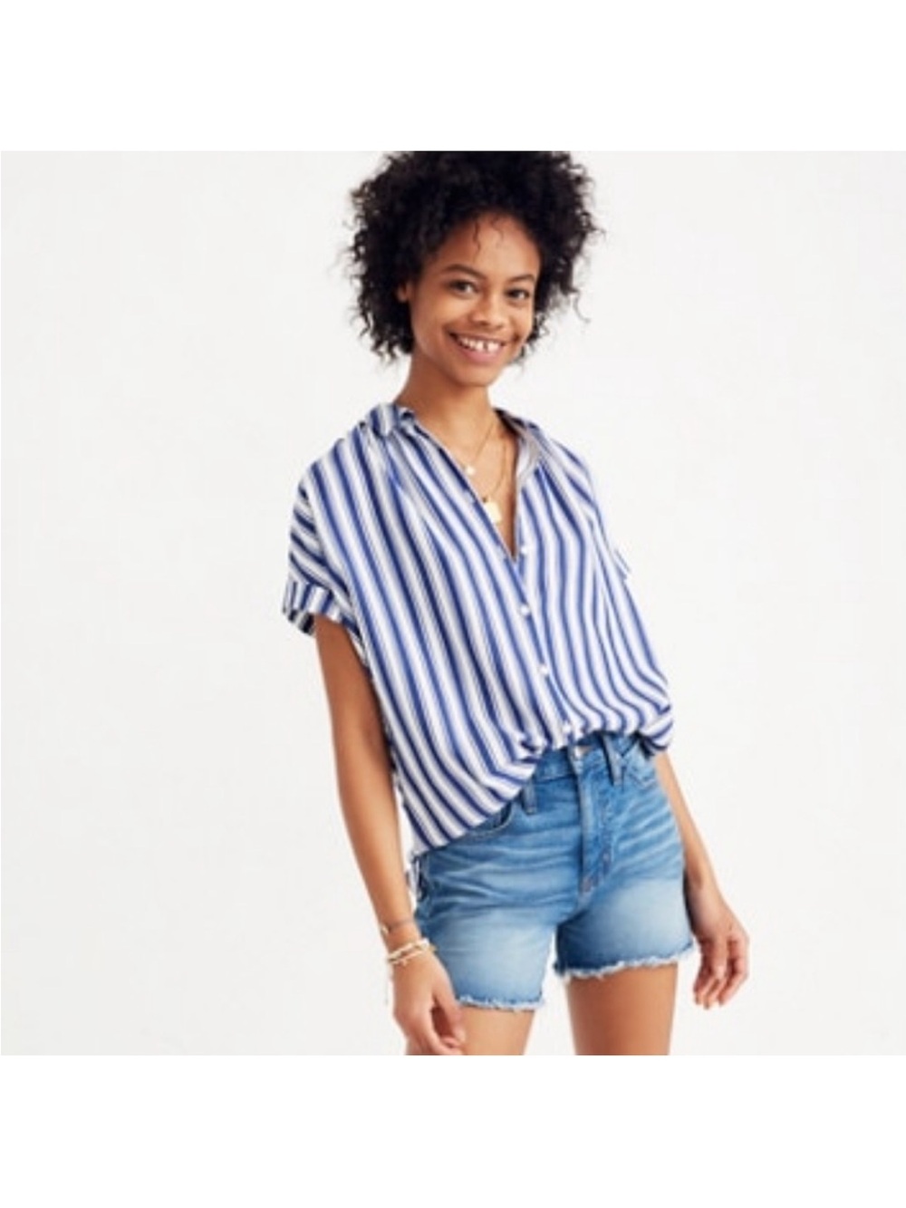 Madewell Blue and White Vertical Stripe Button-Down Top
